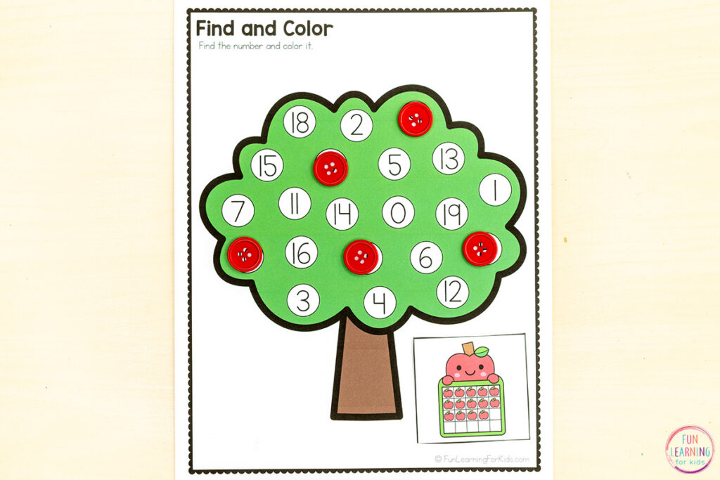 Free printable apple tree number sense math activity for preschool and kindergarten.