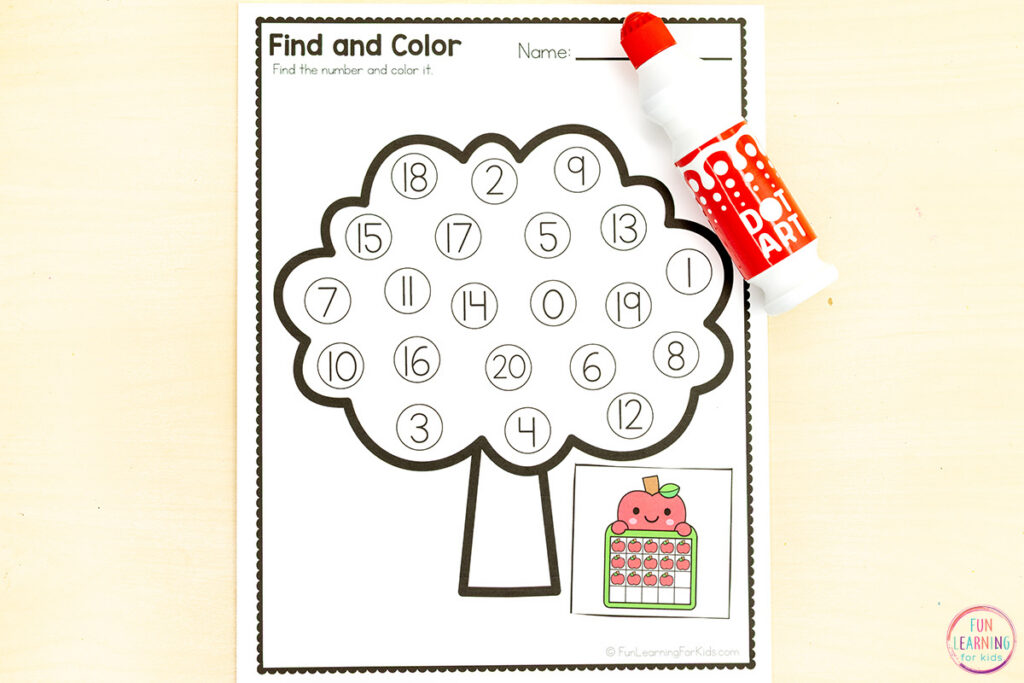Apple tree find and color the number sheets number sense math activity.