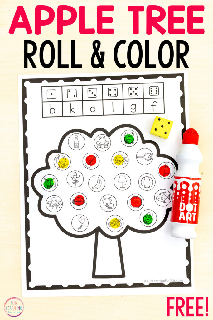 Apple tree roll and cover the letter alphabet game for learning letters and beginning letter sounds in pre-k and kindergarten.