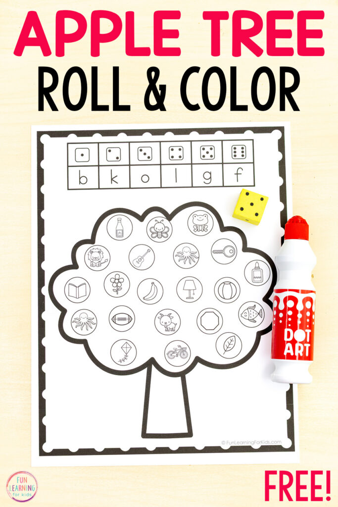 Free printable apple theme alphabet game for learning letters and sounds this fall.