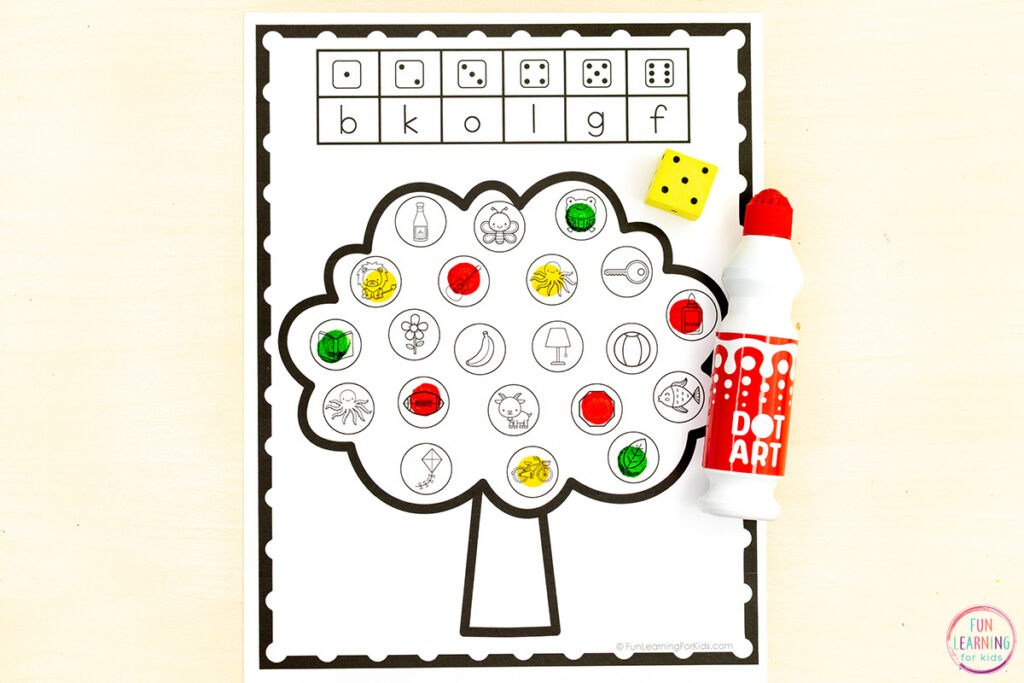 Fall alphabet roll and dot the beginning sound alphabet activity for kids.