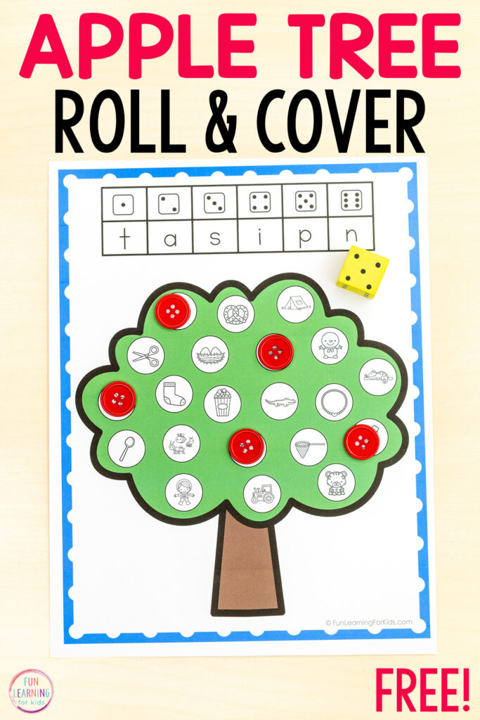 Apple tree roll and cover the letter alphabet game for kids to learn letter recognition, letter sounds and phoneme isolation in kindergarten.