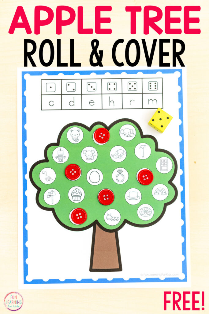 Apple tree alphabet roll and cover the beginning sound game for kindergarten.