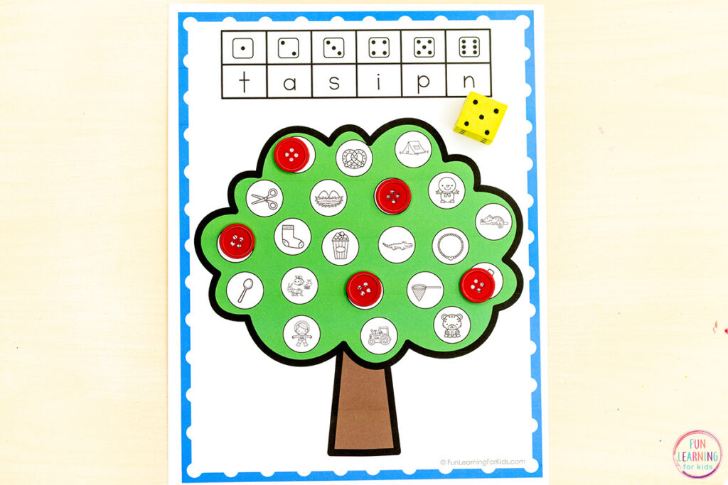 Fall apple roll and cover the letter sound alphabet game activity.