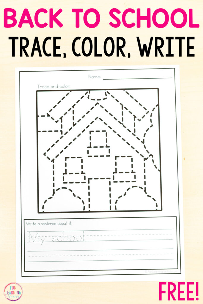 Free printable back to school trace, color and write coloring sheets for fine motor development and writing practice in kindergarten and first grade.