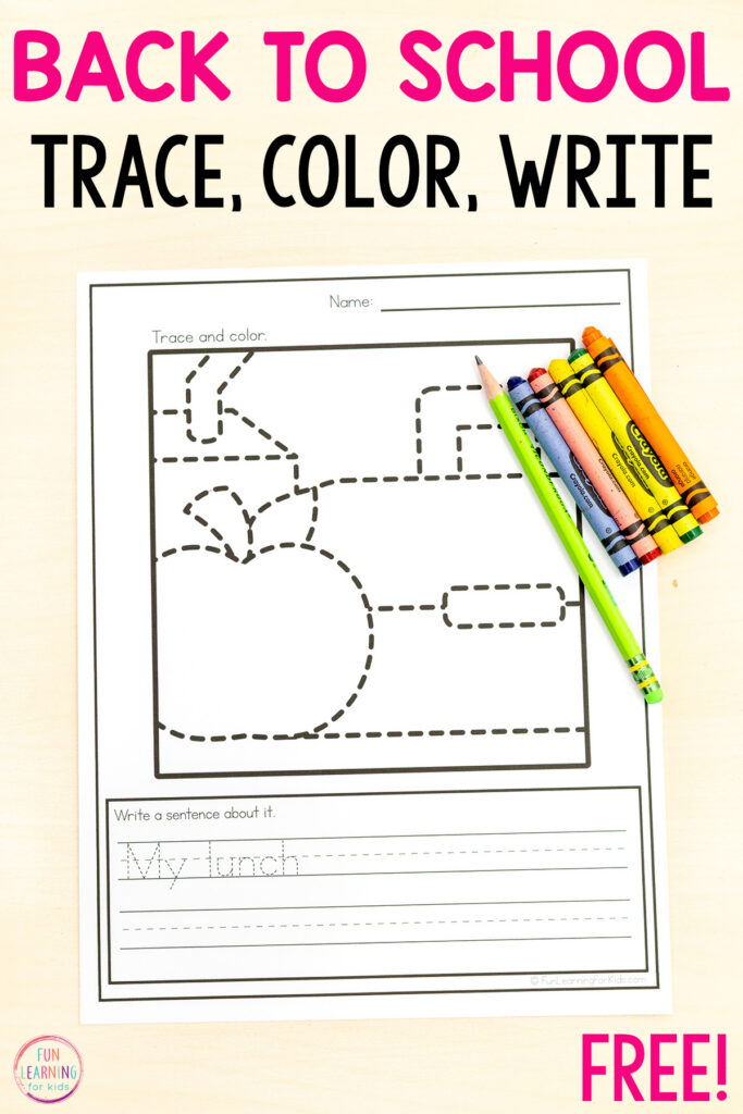 Back to school trace, color and write sheets for learning to write sentences while building fine motor skills.