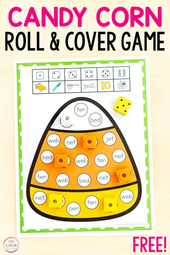 Print and play CVC word reading game for learning to decode and encode CVC words while building phonics skills this fall.