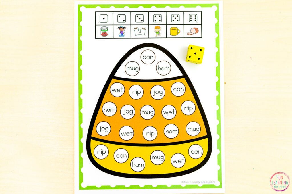 Candy corn CVC phonics game for kids who are learning to read.