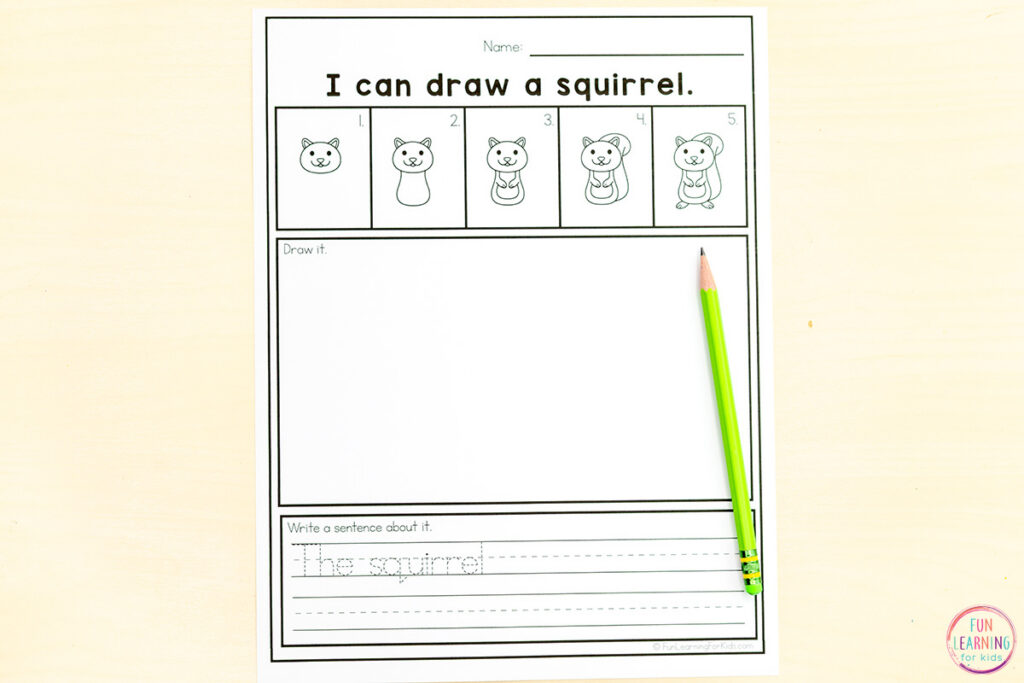 Fall writing activity sheets for kids who are learning to write simple sentences.
