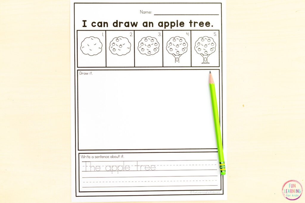 Fall writing worksheets directed drawing activity for kids.