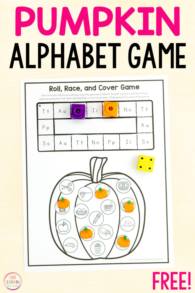 Pumpkin roll, race and cover alphabet game worksheets for learning letter identification and beginning letter sounds.
