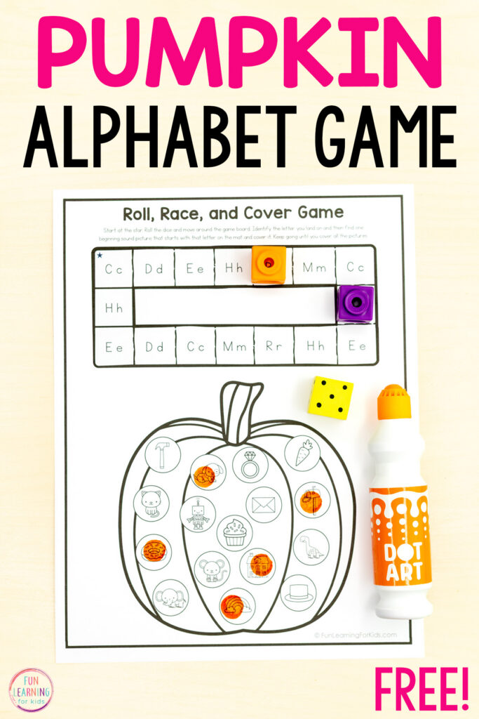 Pumpkin alphabet game worksheets for kids who are learning letters and letter sounds in preschool, pre-k or kindergarten.