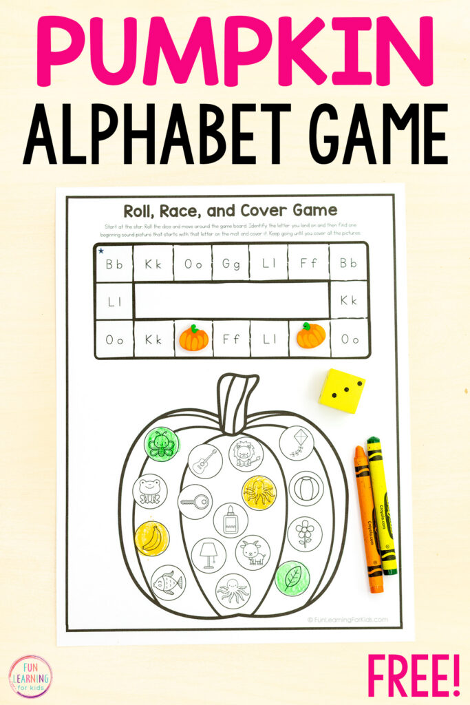 Pumpkin alphabet activity game worksheets for learning letter identification, letter sounds, and beginning sound isolation.