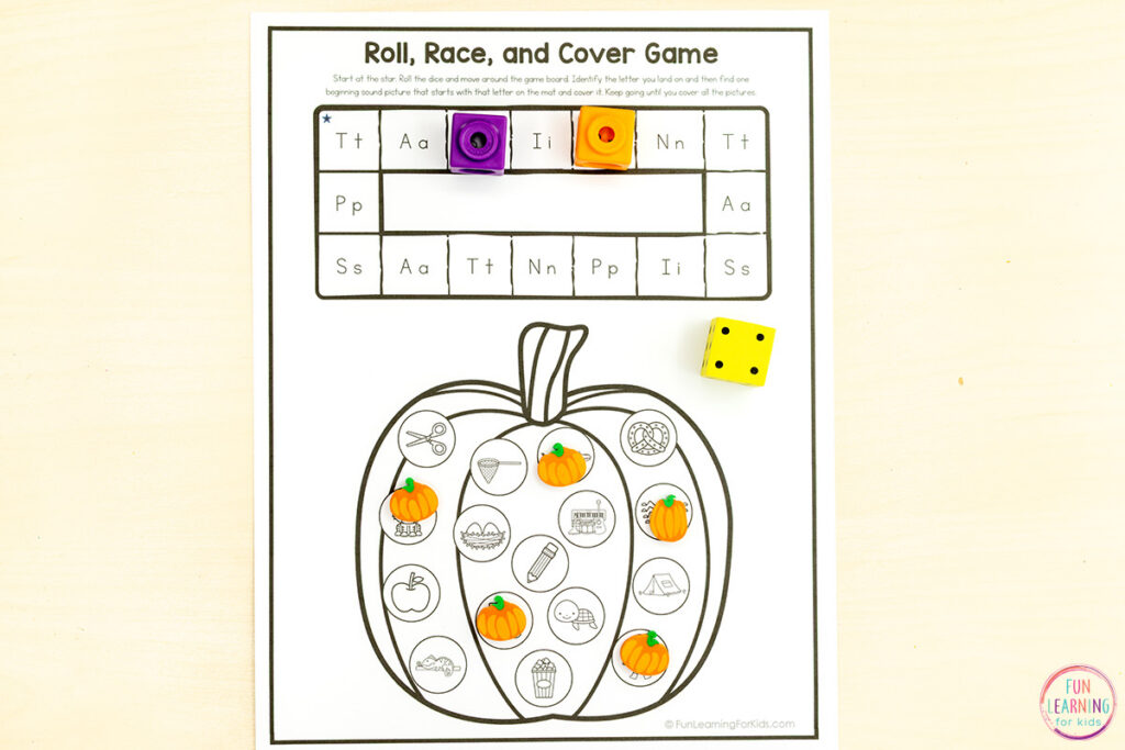 Pumpkin alphabet activity game worksheets for learning letters and beginning sounds.