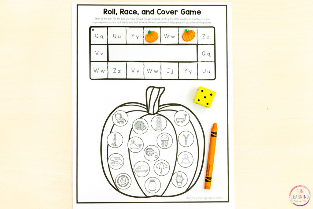 Printable pumpkin alphabet board game worksheets for kids to learn letters and sounds this fall.