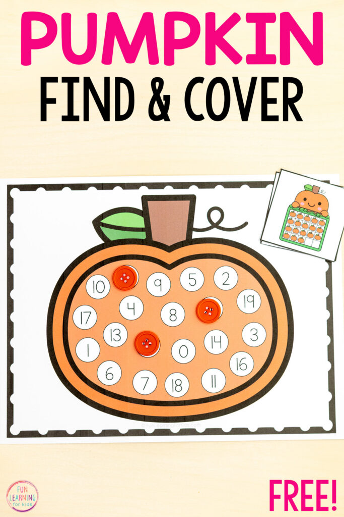 Pumpkin find and color numbers activity for fall math lessons and math centers in pre-k and kindergarten.