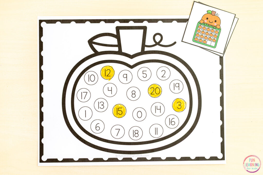 Pumpkin number learning activity for kids in preschool, pre-k and kindergarten.