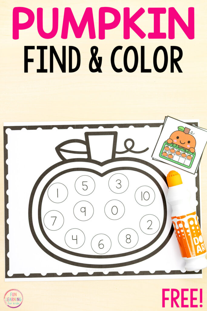 Pumpkin find and color the number activity for learning numbers, counting and number recognition in preschool and kindergarten this fall.