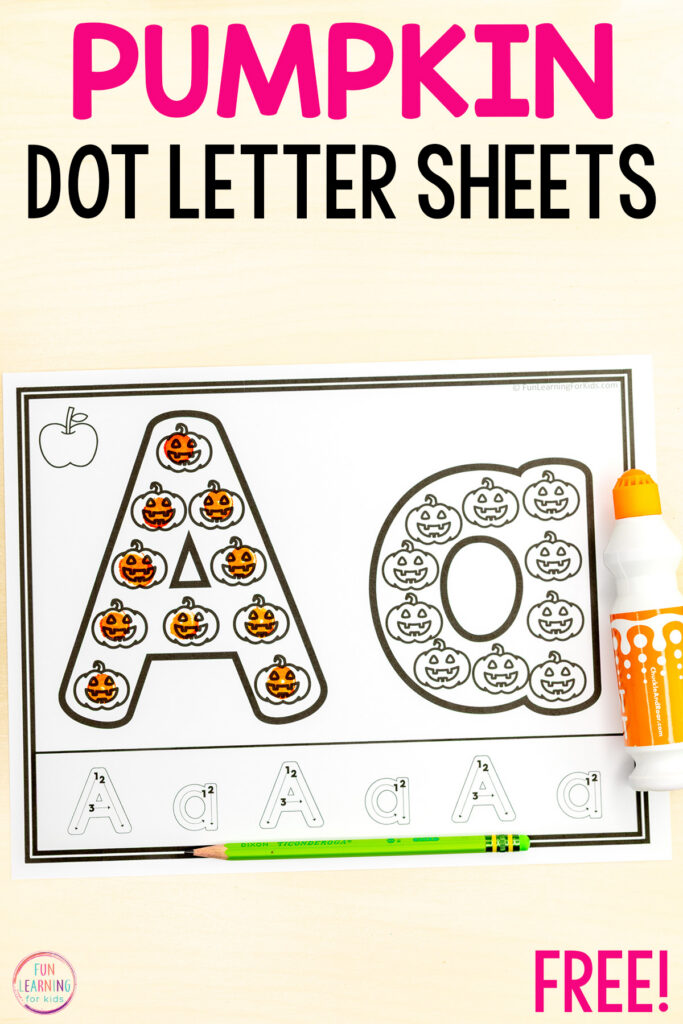 Jack O' lantern dot marker alphabet activity sheets for Halloween fun and learning in preschool or kindergarten.