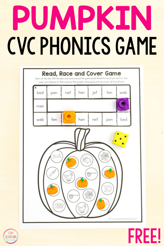 Free printable pumpkin CVC roll and read phonics game worksheets for kids to practice reading CVC words in kindergarten and first grade.