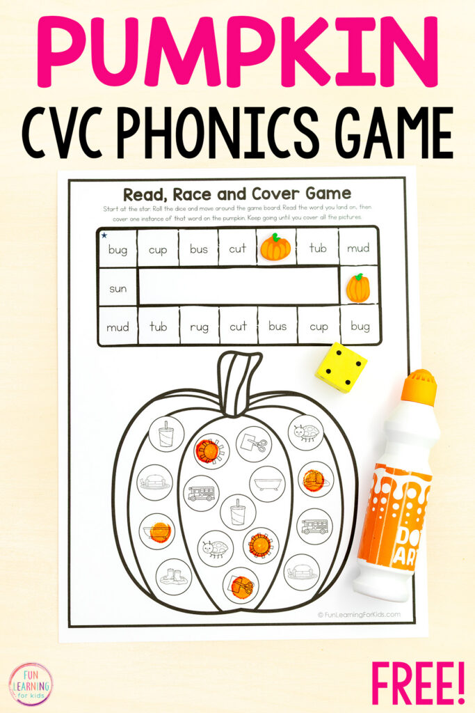Pumpkin CVC roll and read phonics game sheets for kids to practice reading CVC words and building reading fluency.