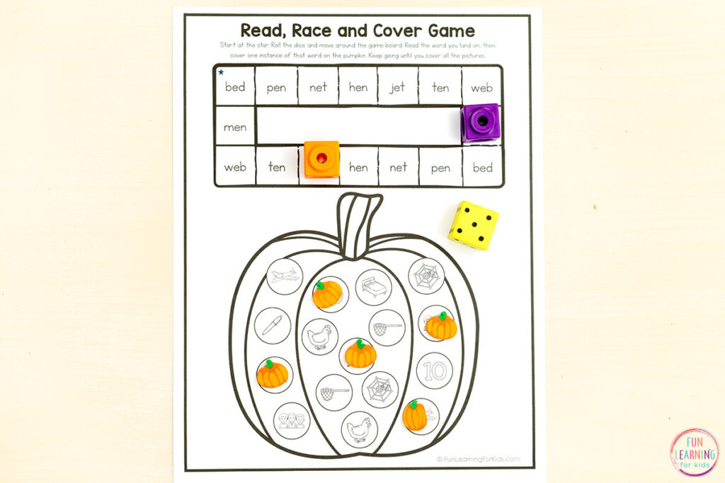 Pumpkin roll and read game sheets CVC fluency activity for kindergarten reading practice.