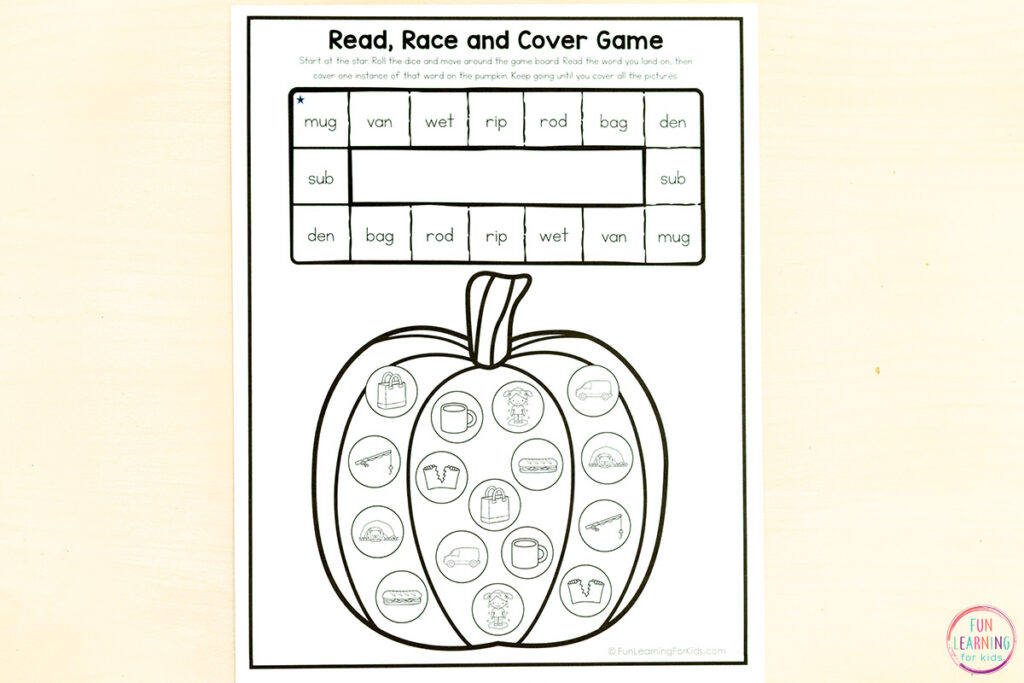 Fall roll and read CVC word game sheets for learning to read CVC words and build fluency.