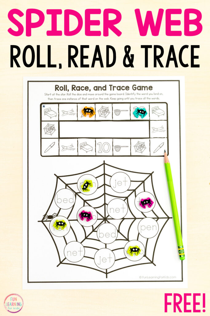 Spider web CVC roll and read word game for learning to decode and blend sounds while building phonics skills.