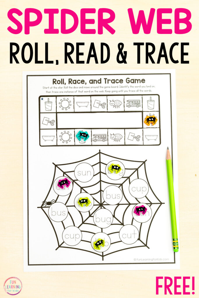 Free printable Halloween spider CVC roll and read games for kids to practice reading skills and phonics skills in kindergarten and first grade.