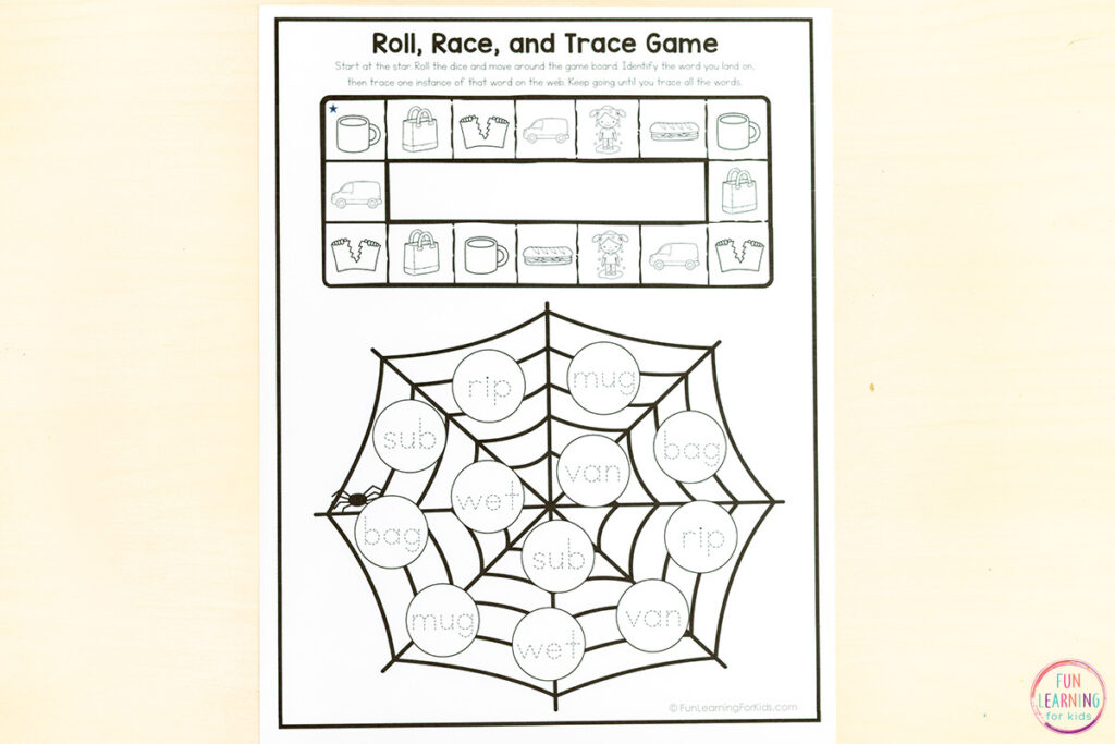 Spider web CVC word reading game for kids who need fluency practice with CVC words.