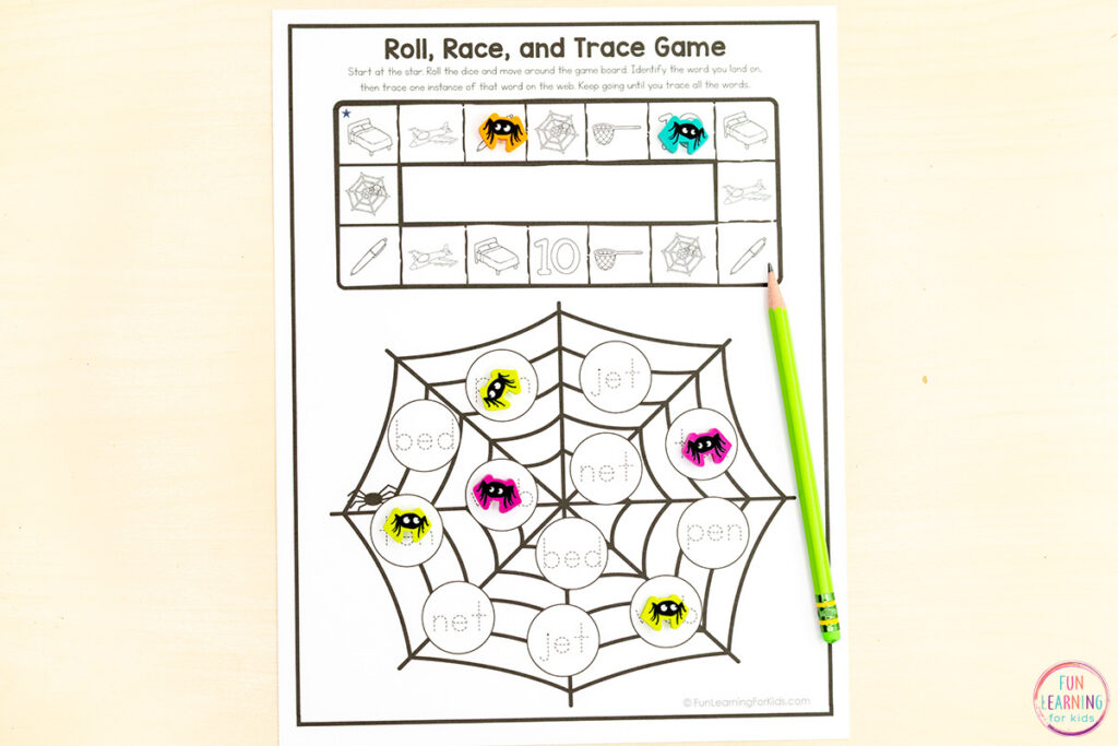 Learning to read is fun when you use these roll, read and trace CVC word games to practice decoding and blending sounds.