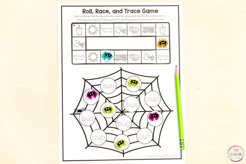 Free printable CVC word reading game for kids to practice decoding CVC words and blending sounds in kindergarten and first grade.