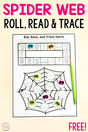 Spider web roll and read CVC words game sheets for learning to decode and blend sounds in kindergarten and first grade.
