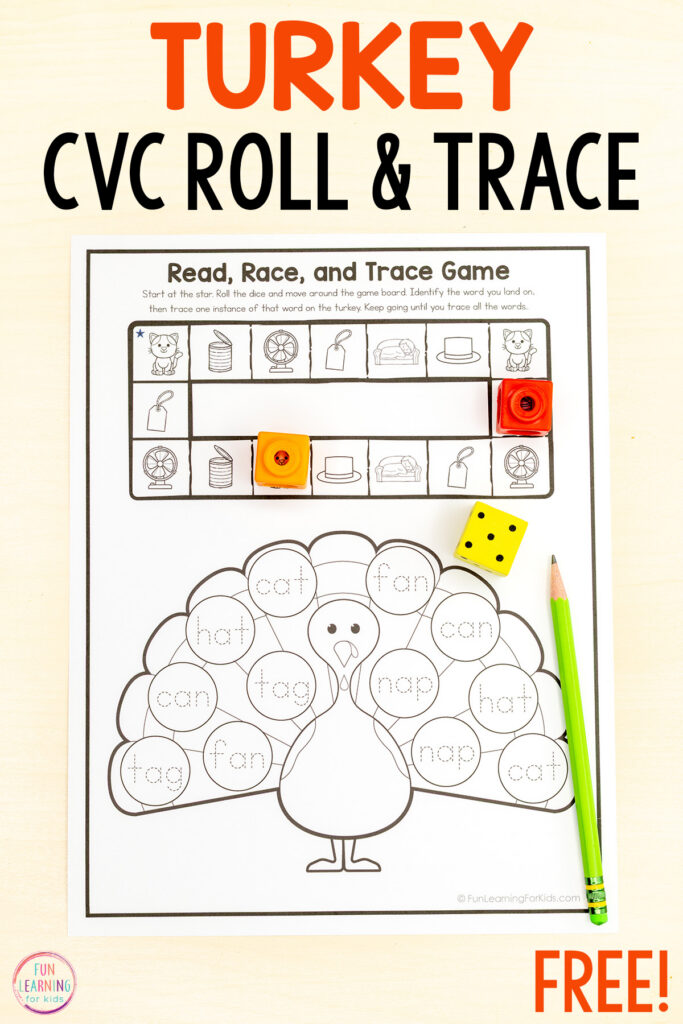 Turkey CVC roll and read game for learning to read and spell CVC words while building reading fluency in kindergarten and first grade this Thanksgiving.