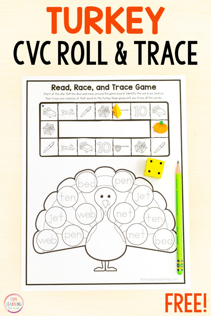 Free printable turkey reading game worksheets for fluency practice and CVC reading practice this November.