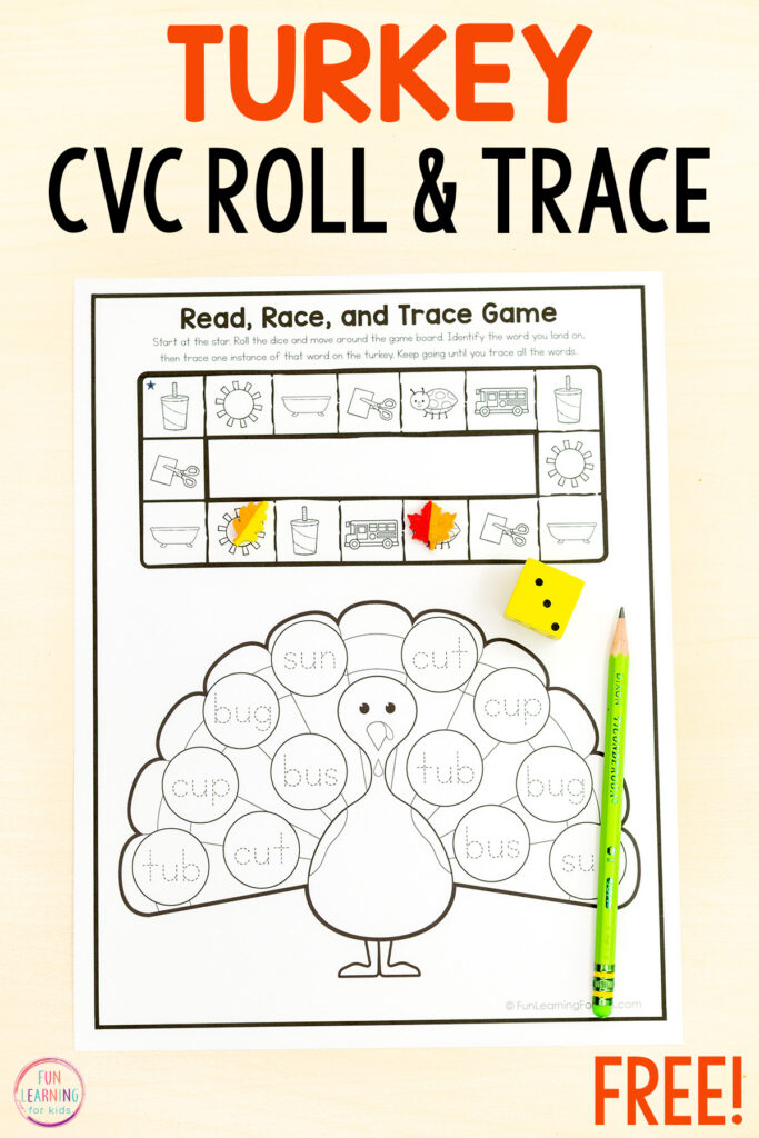 Free CVC reading game sheets for fun practice with reading and spelling CVC words to build phonics skills and reading fluency. A fun Thanksgiving reading game for kids!