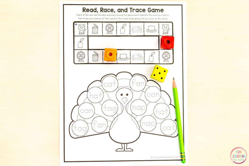 Teaching kids to blend and segment CVC words is fun when you use these turkey roll, race and trace worksheet games.