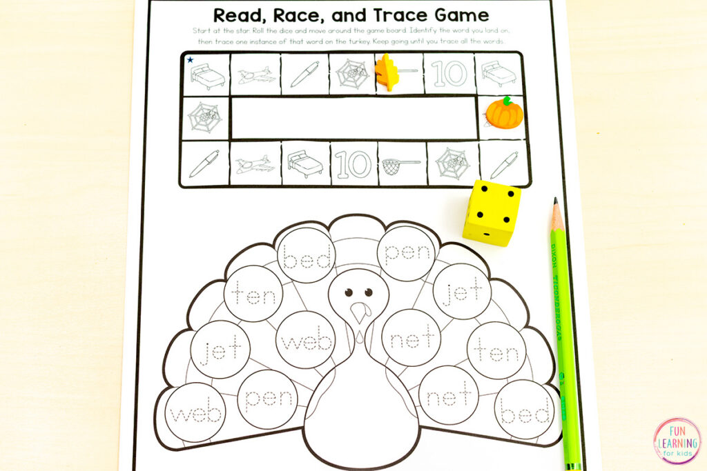 Race and trace reading games for learning phonics skills like blending and segmenting CVC words while building reading fluency.