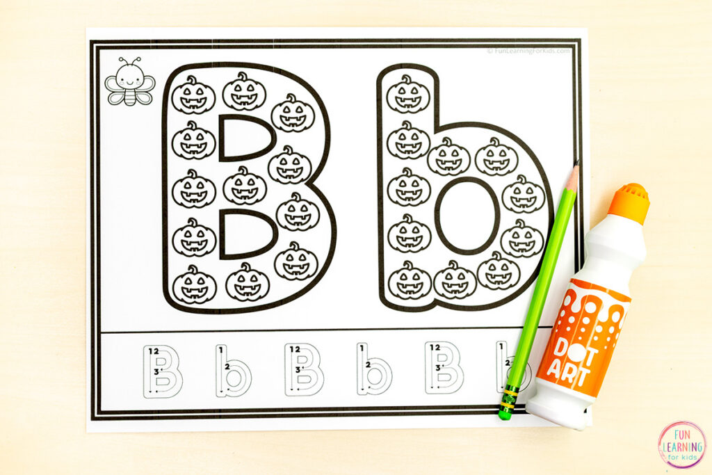 Jack o' lantern alphabet activity for Halloween centers in preschool and kindergarten.