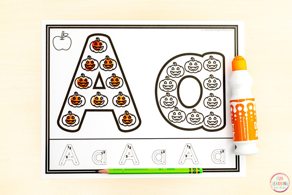 Halloween pumpkin printable alphabet activity sheets for kids to learn letters and letter sounds in preschool and kindergarten.